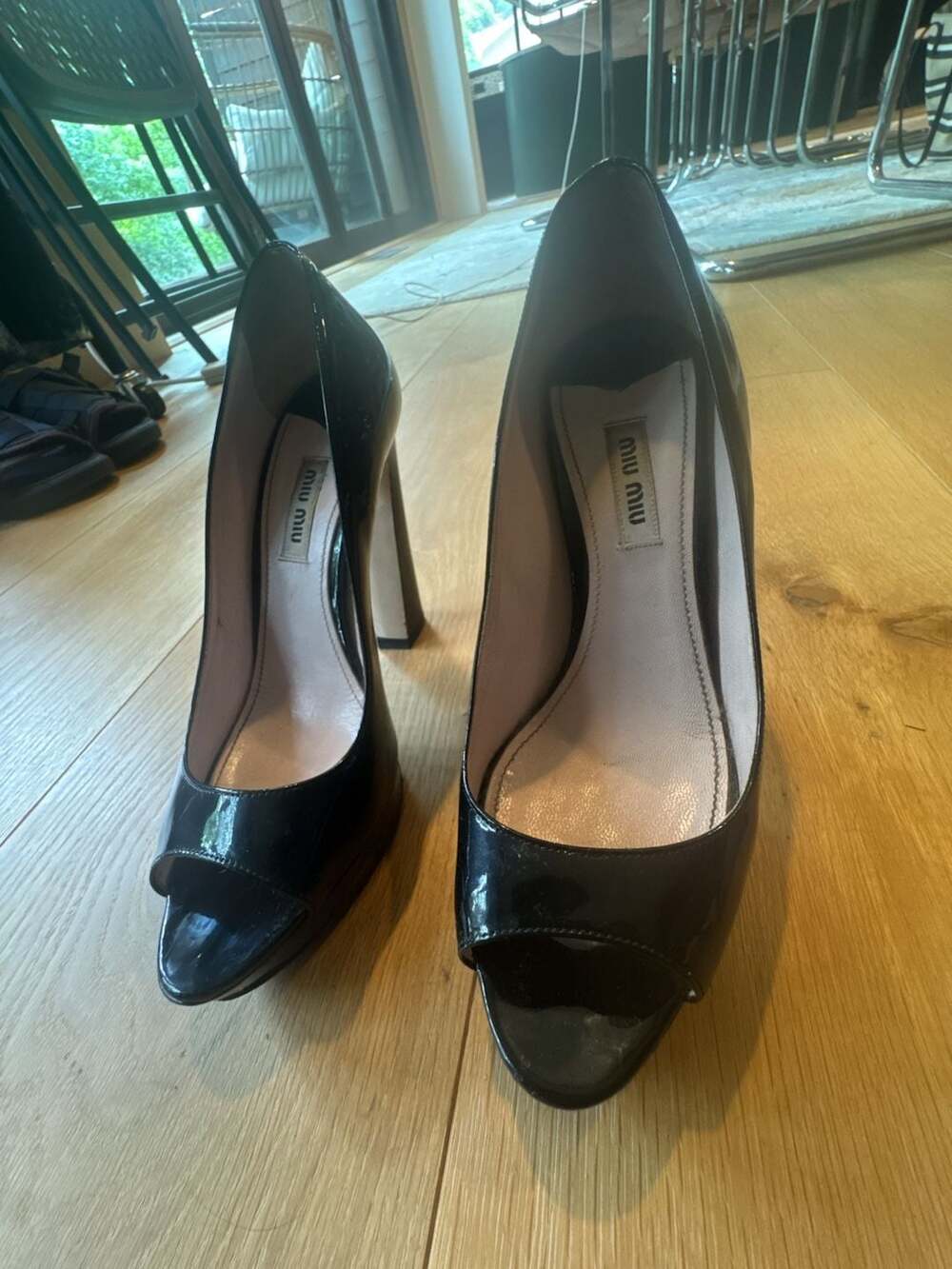 Miu Miu Black Patent Leather Peep Toe Platform Pumps Size 37.5
